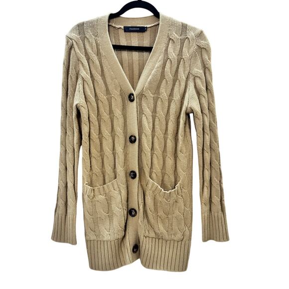 Tan Cable Knit Button Front Cardigan Sweater Longline Pockets Women’s Small - Picture 2 of 4